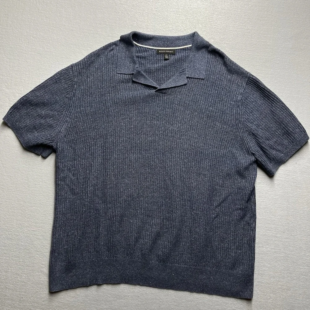 Banana Republic Polo Men 2XLT Blue Soft Linen Blend SS chunky Knit Luxury New